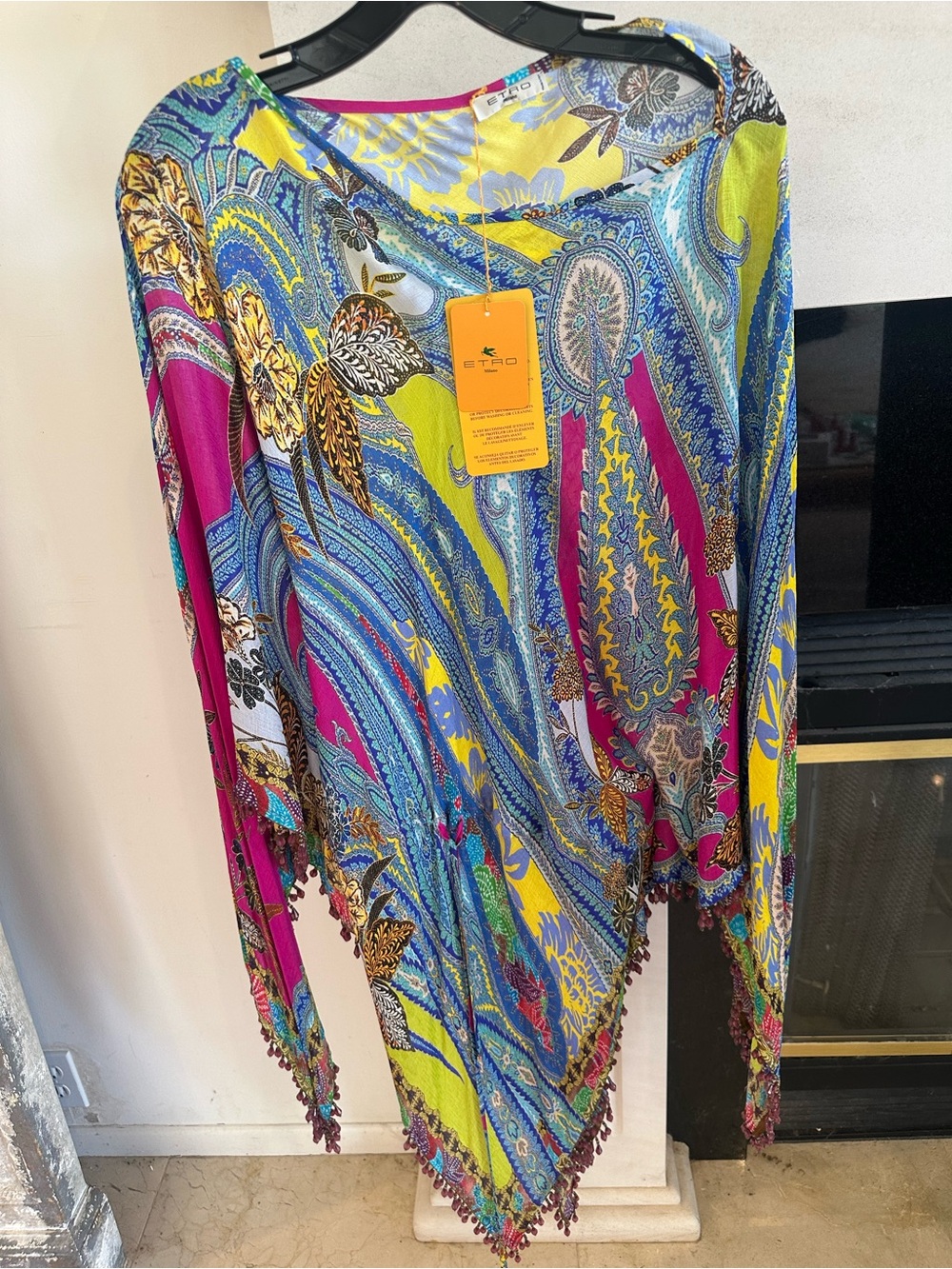 Etro Multicolor Paisley Tunic with Yellow, Blue, Pink & Green 100%silk, beaded